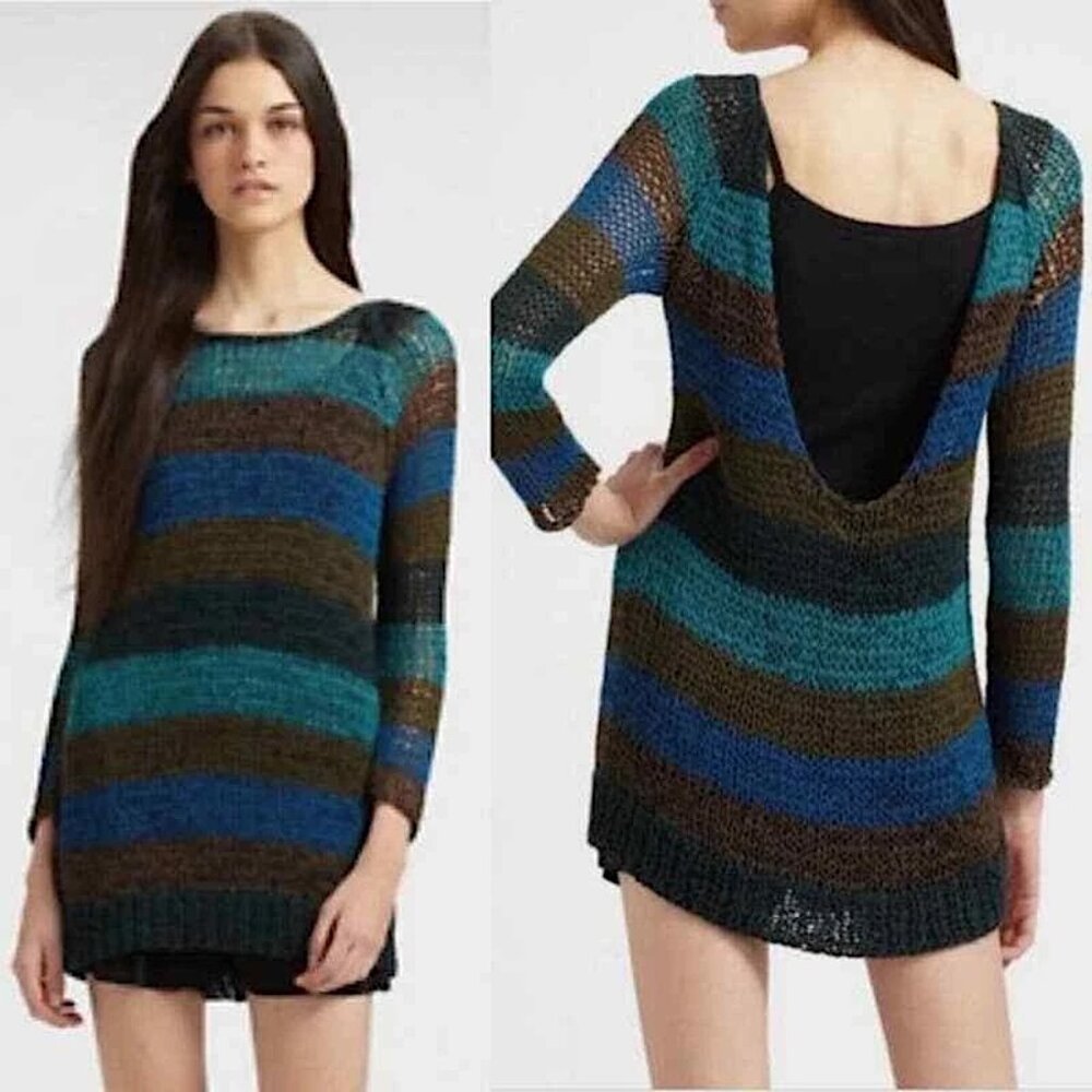 Theory Striped Knit Yarn Crochet Scoop Back Academia Edgy Grunge Sweater